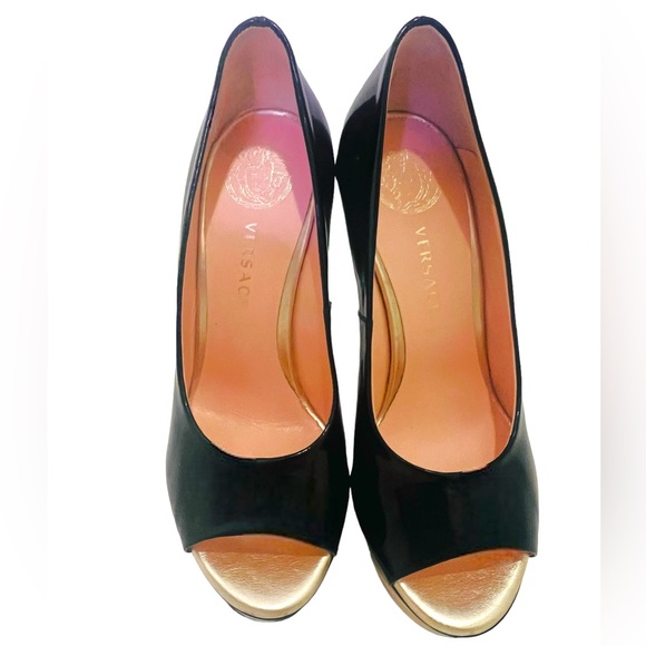 Black Versace Stilettos/High Heals with Gold Toe Trim - Picture 3 of 12